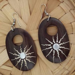 Decorative Oval Shape Dangly Wooden Earrings